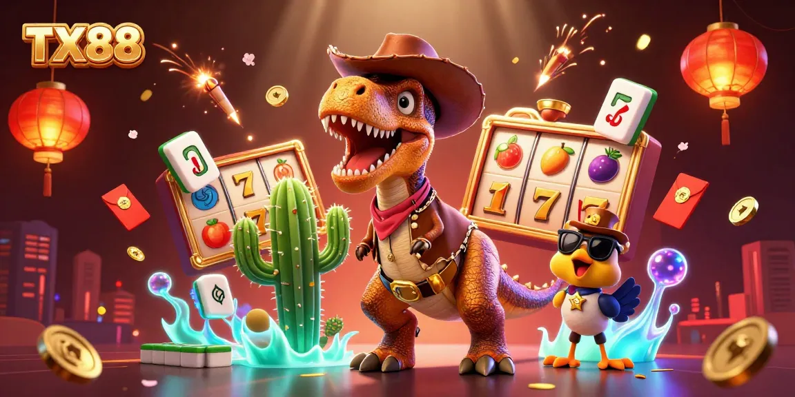 TX88 showcases a vibrant casino scene featuring a T-Rex, cactus, and roadrunner amidst slot reels.