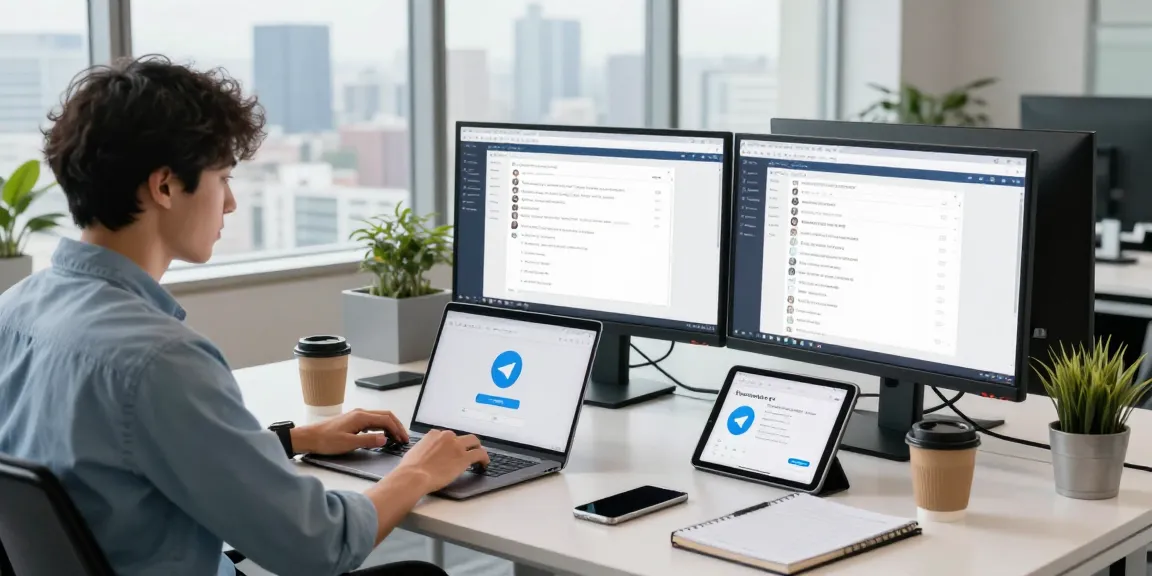 Accessing Telegram web version in a modern office workspace filled with light and tech.