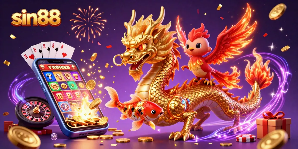 Engage with sin88 as the golden dragon, phoenix, and koi fish celebrate with joyous casino symbols.