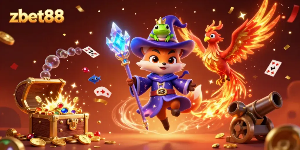 Join the action at zbet88 with a magical scene of a wizard fox, phoenix, and treasures