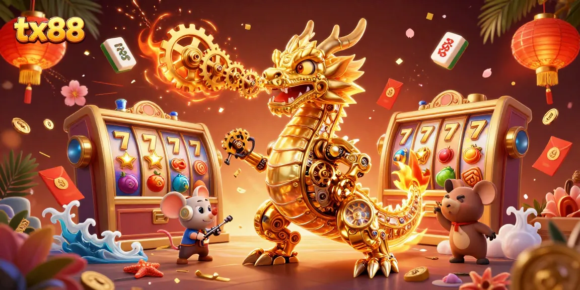 Experience thrilling gameplay with tx88 as a golden dragon breathes gears and jackpots.