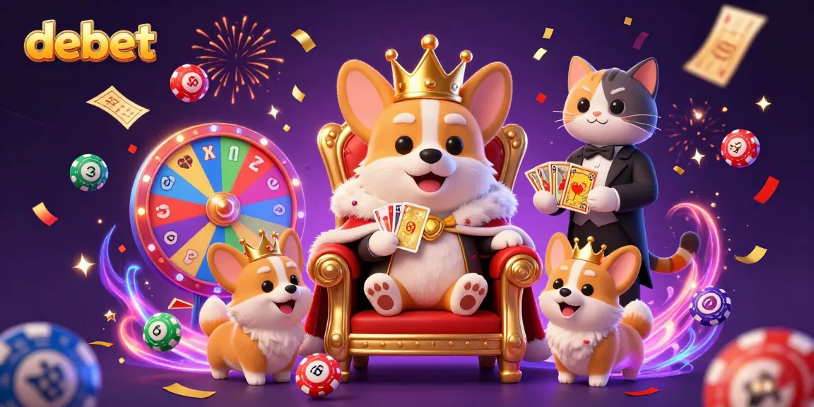 Experience vibrant jackpot action with debet's royal corgi character on a throne surrounded by casino-themed elements.