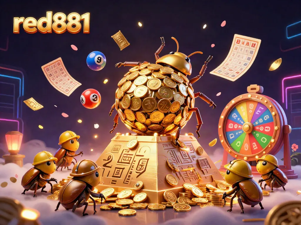 Experience exciting games with red881 as a golden dung beetle rolls coins surrounded by dynamic lottery elements.