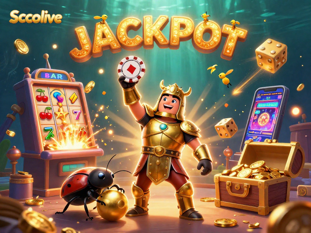 Socolive's 3D illustration depicting a triumphant beetle in armor celebrating a casino jackpot, featuring vibrant slot machine elements.