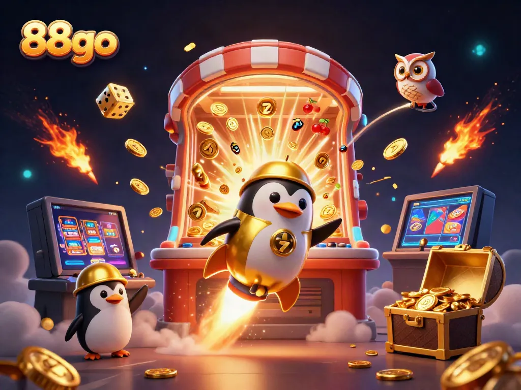Engage with 88go's exciting casino universe, featuring a thrilling rocket-powered penguin and vibrant game icons.