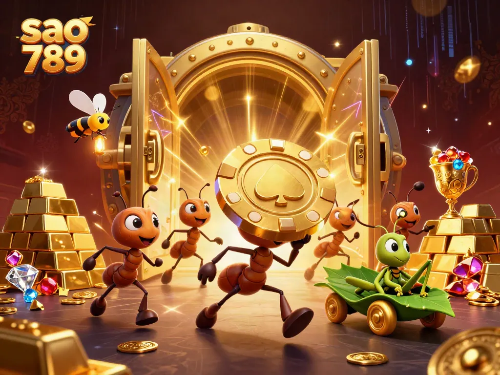 Experience thrilling action with sao 789 as ants carry a gigantic poker chip through a treasure-filled tunnel.