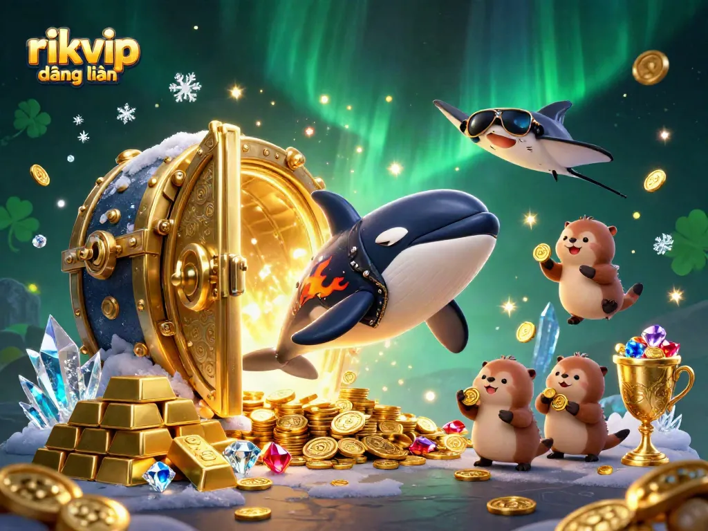 Experience the excitement of rikvip đăng nhập as an orca, stingray, and otters gather treasures in a vibrant casino scene.