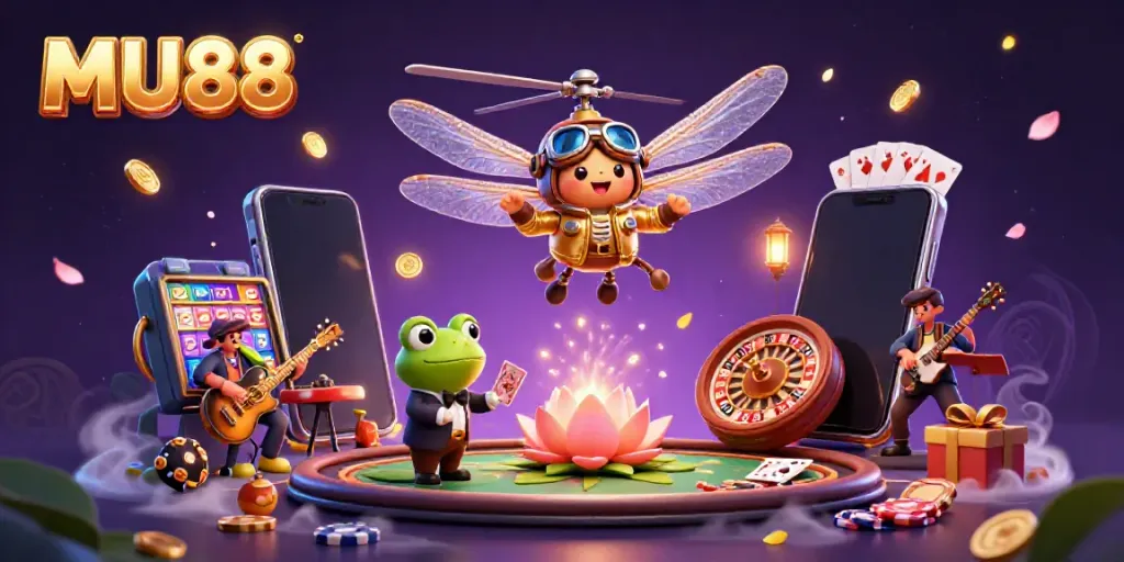 Experience thrilling gameplay at MU88 with the vibrant casino scene featuring a dragonfly pilot and frog dealer.