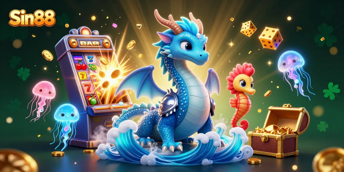 Experience the thrill of Sin88 with a 3D illustration featuring a dragon, seahorse knight, and vibrant casino elements.