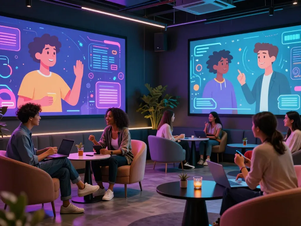 Engaging scene of users interacting with spicy ai companions in a modern digital lounge.