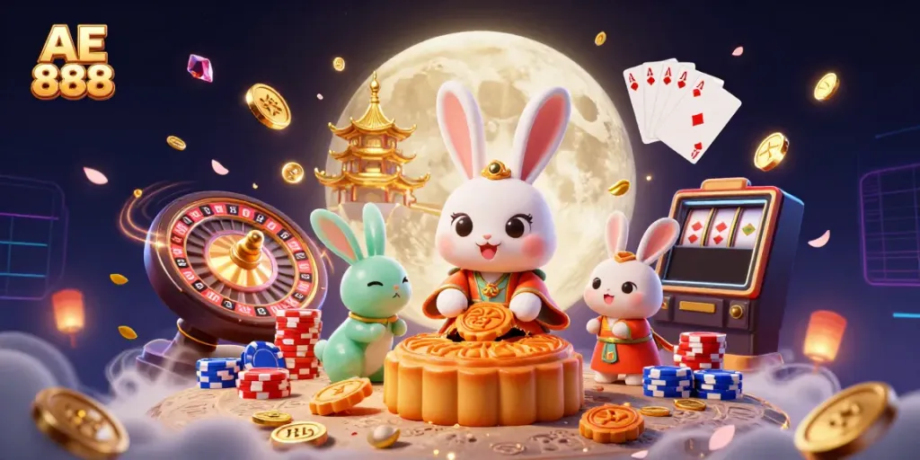 Discover AE 888's engaging casino experience featuring a moon rabbit and colorful casino elements.