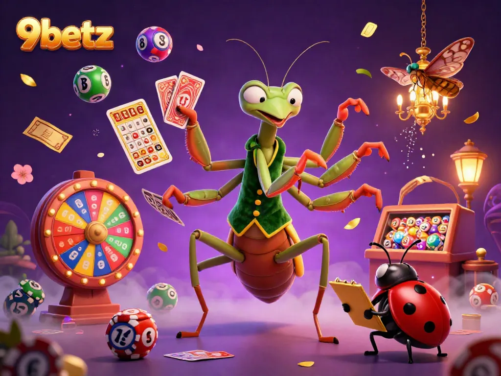 Experience the thrilling action of 9betz with a vibrant casino scene featuring a praying mantis card sharp, ladybug pit boss, and colorful lottery elements.