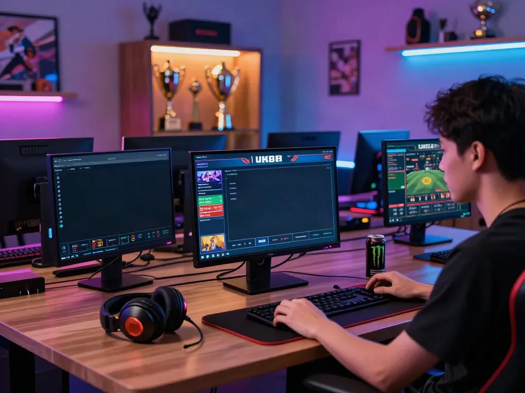 Engaged player utilizing the UK88 platform for online betting in a vibrant gaming setup.