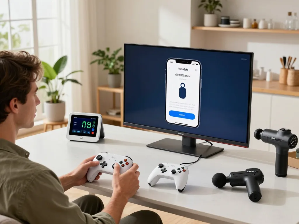 Person enjoying unique tech gadgets in a stylish living room, featuring gaming controllers, smart kitchen tools, and wellness devices.