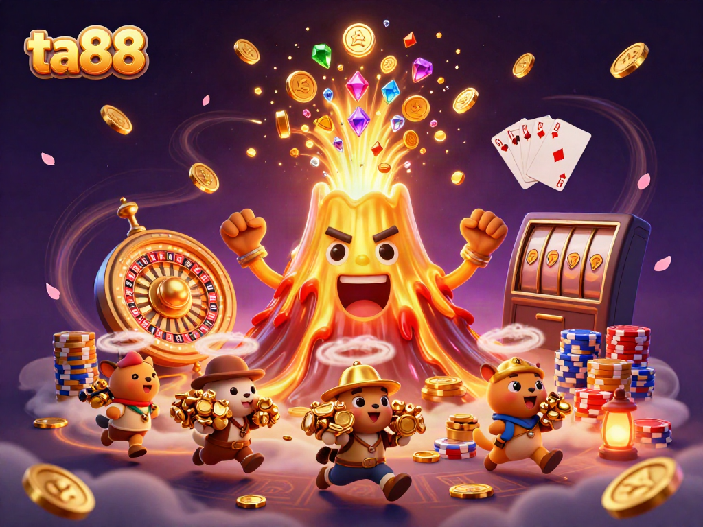 Experience the excitement of ta88 with a vibrant 3D illustration showcasing a golden volcano erupting coins, games, and treasures.