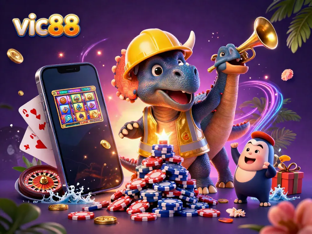 Celebrate wins with vic88 in a lively 3D scene featuring animated characters and casino elements.