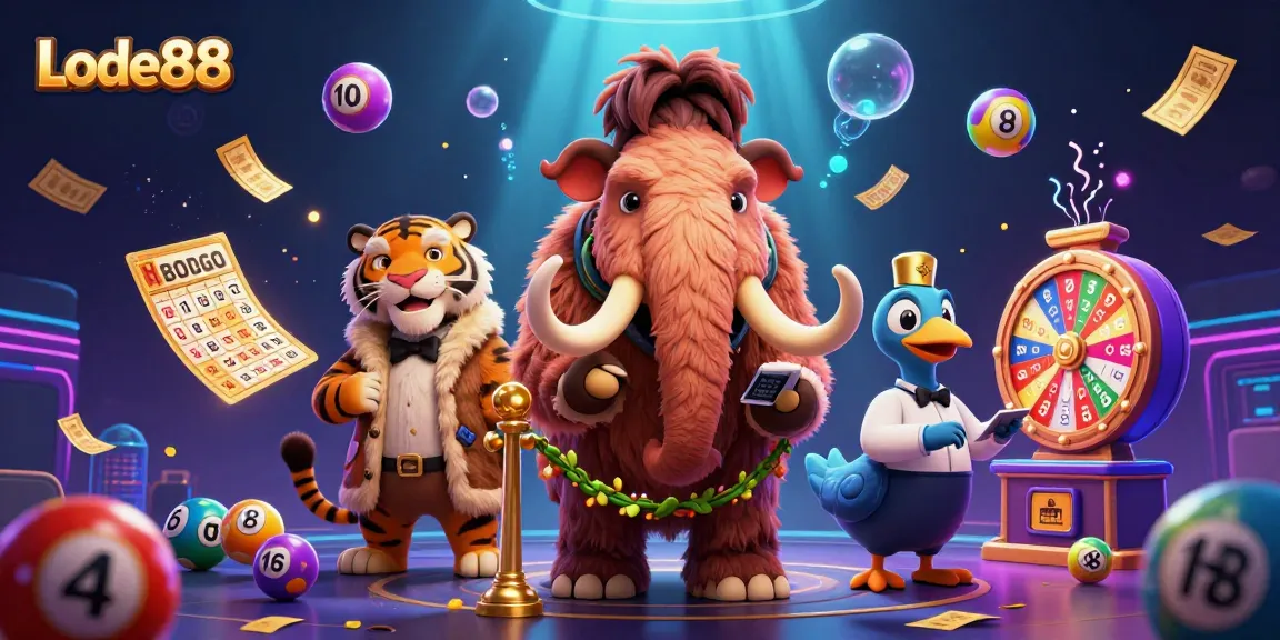 Lode88 casino bouncer checks IDs with vibrant gambling elements in a colorful, animated scene