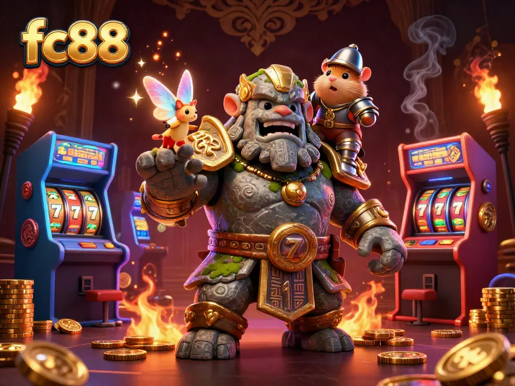 Experience immersive gameplay with fc88 in a vibrant casino scene featuring ancient golem and magical elements.