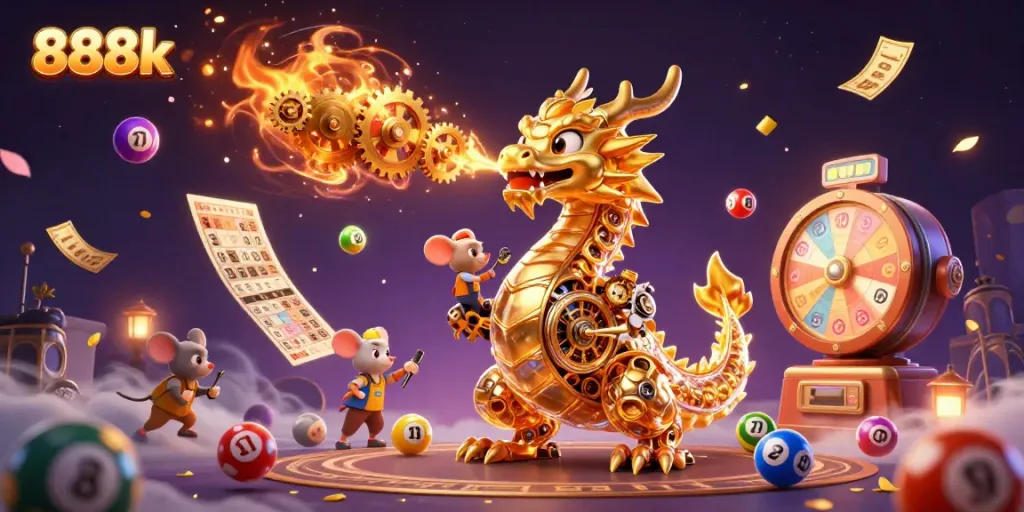 Engage with 888k's vibrant casino atmosphere featuring a golden dragon and dynamic lottery elements.