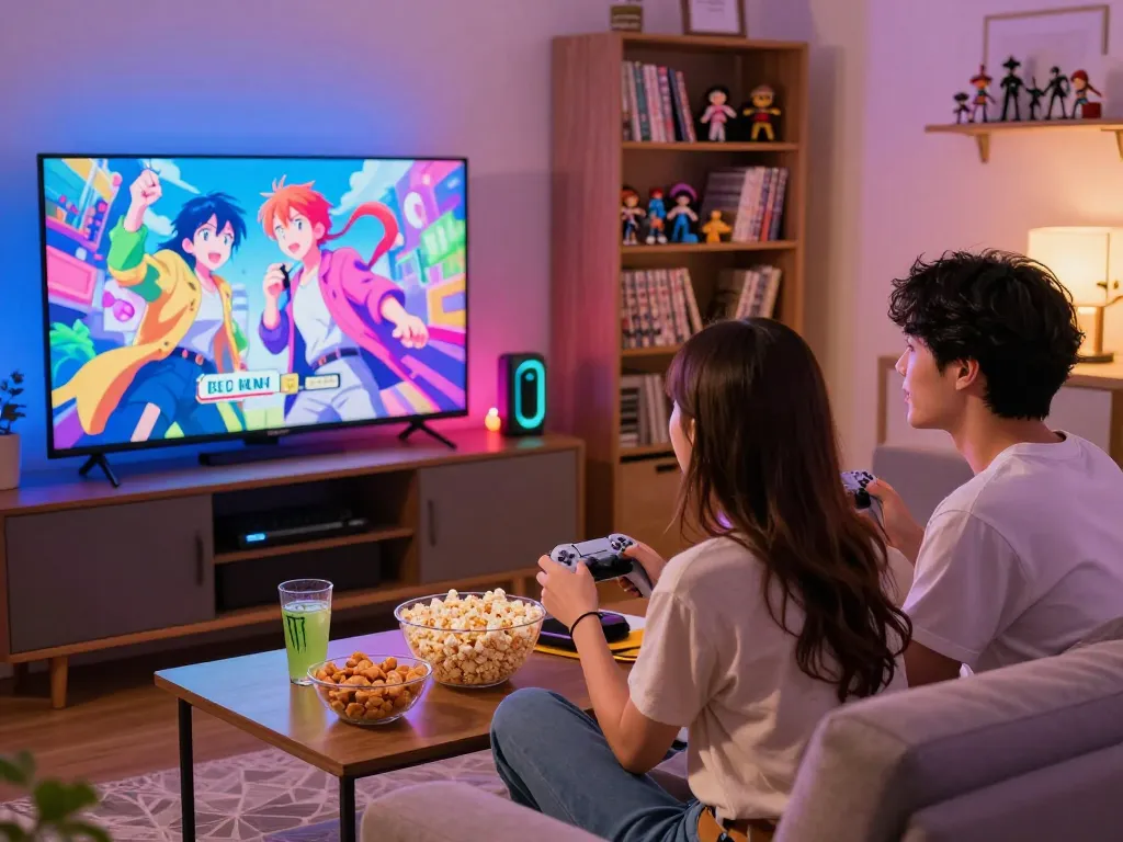 Engaged players enjoying game porn in a cozy living room setting with snacks.