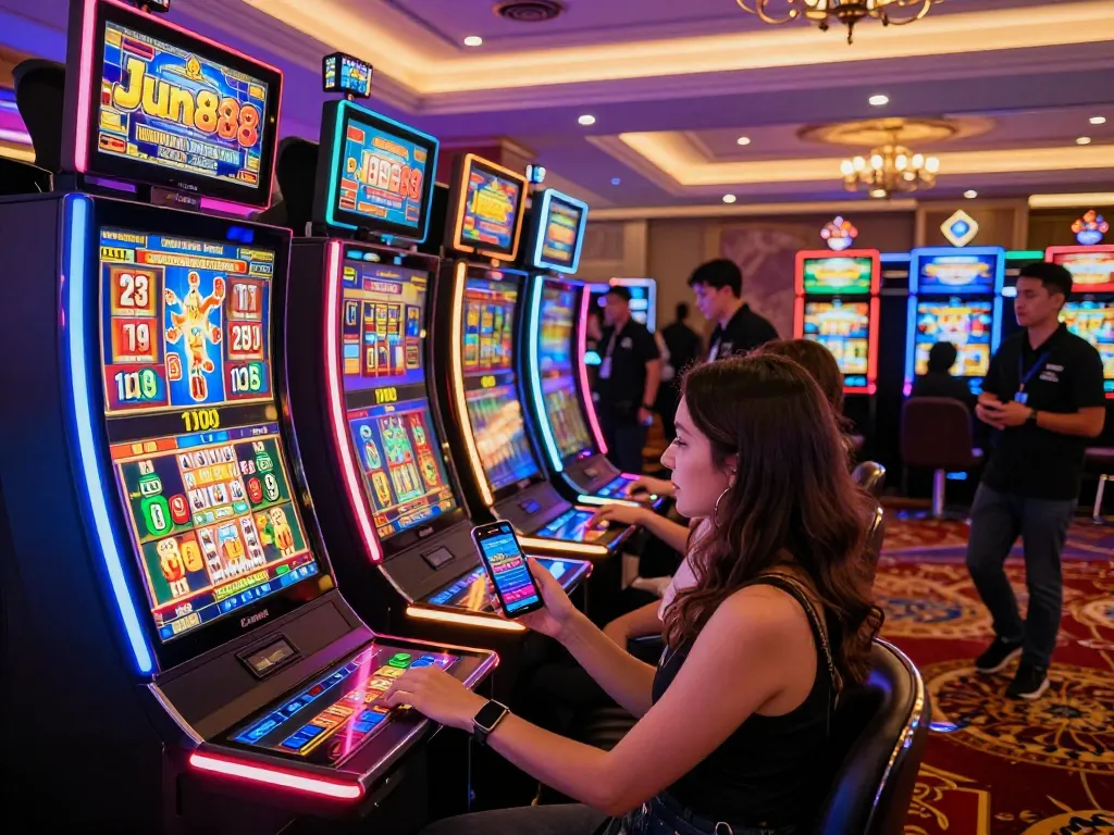 Players enjoying vibrant slot machines at Jun88 casino, embodying excitement and entertainment.
