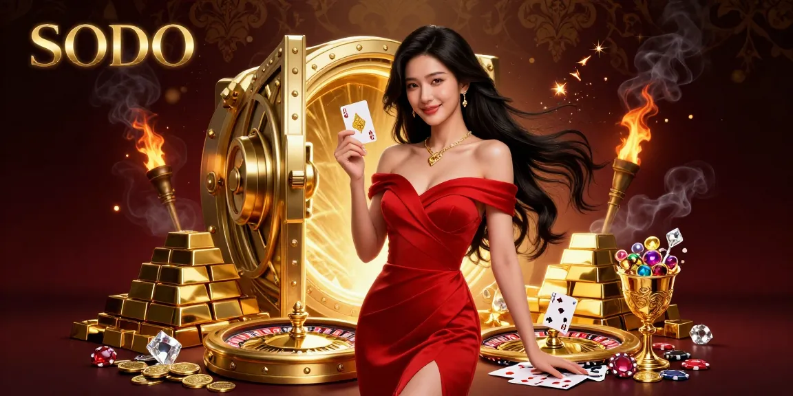 SODO engages players with an Asian woman elegantly holding a card beside a golden roulette wheel in a vibrant casino scene.