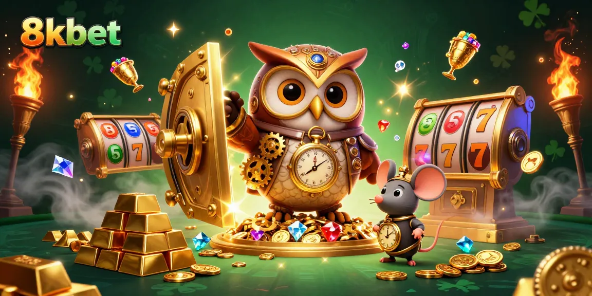 Engage with 8kbet's vibrant casino experience featuring a time-traveler owl and exciting slots.